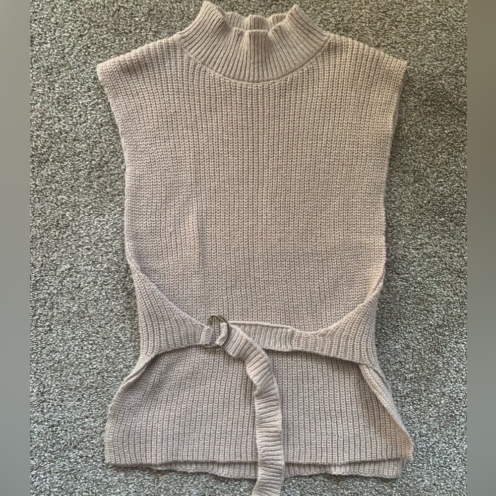 Mock Neck Split Hem Belted Sweater Vest Sleeveless Knit